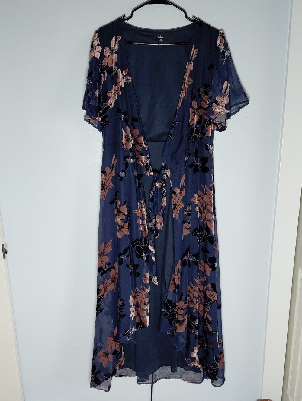 Lulus Navy Velvet Floral Long Line Cardigan Cover Up Robe